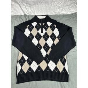 BKE Argyle Pattern Sweater Men's Large L Black Beige White 1/4 Zip